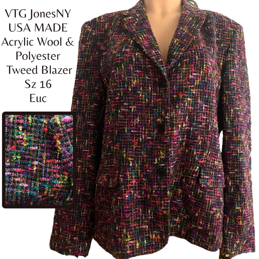 Vintage Jones New York USA Made Multicolor Tweed Blazer Jacket Size 16